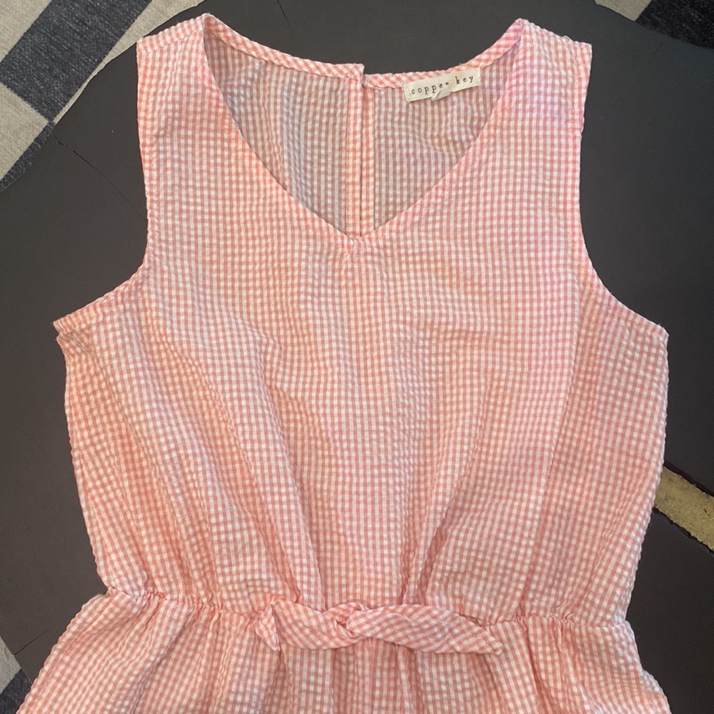 Copper Key Seersucker Romper - pink/white with button closure & ruffles - size M - Picture 2 of 10